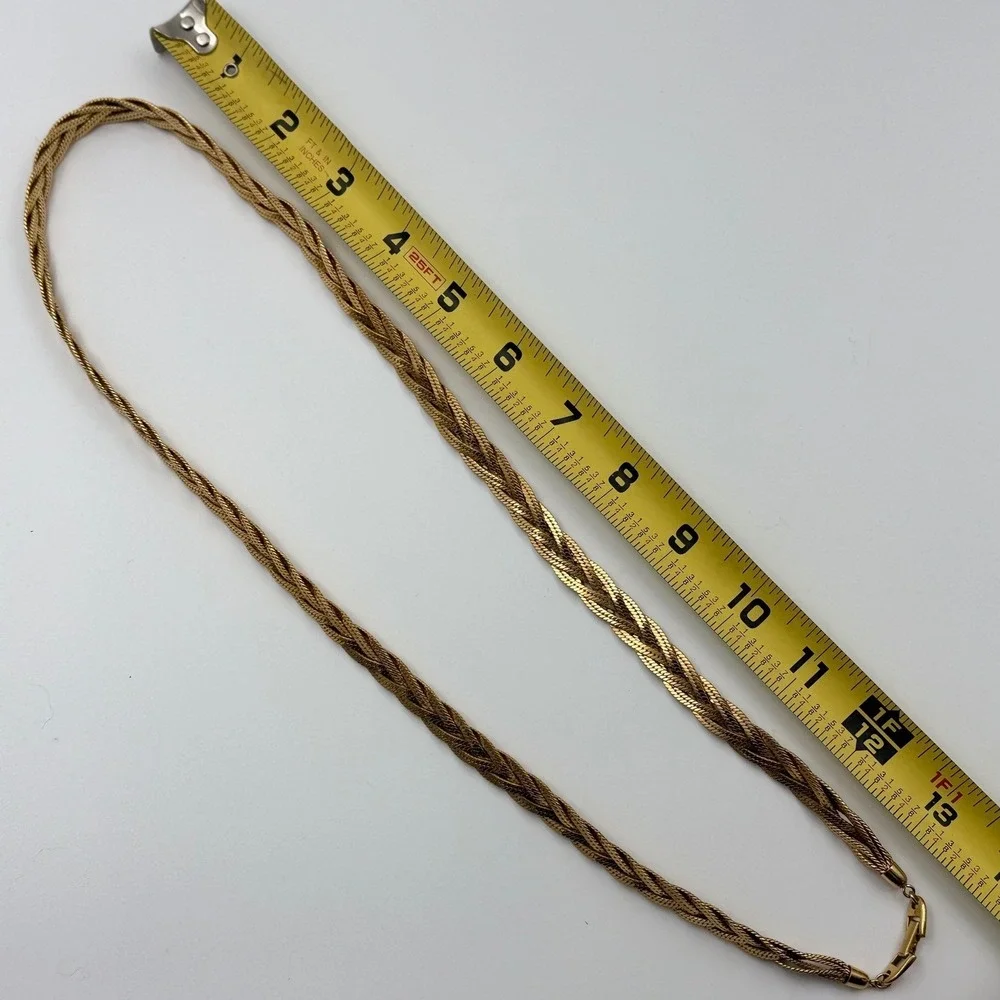 Napier Vintage Gold Tone Braided Herringbone Triple Strand Chain Necklace 25 In